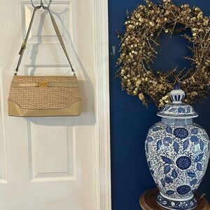 NWOT Etienne Aigner Brown Leather and Wicker Two Side Pockets Zippered Handbag